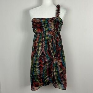 Vintage City‎ Triangles One Shoulder Y2K Dress Babydoll Womens Size 6 Mini Print